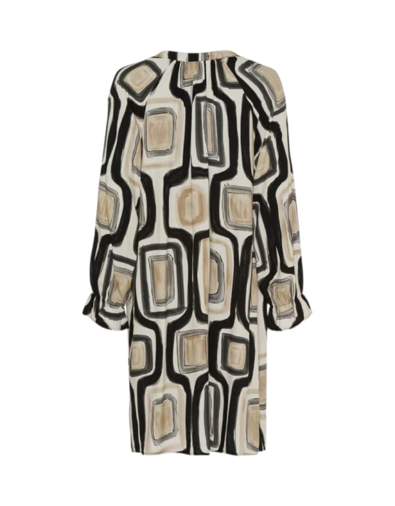 Patterned dress with geometric design on a white background