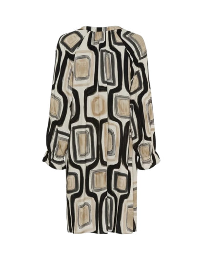 Patterned dress with geometric design on a white background