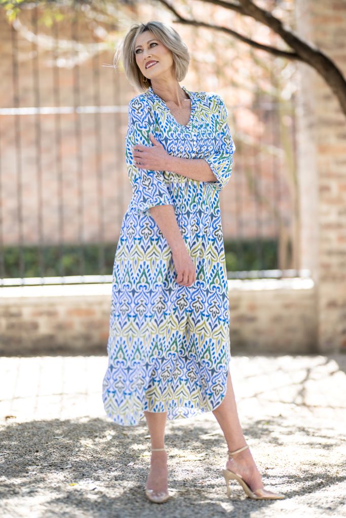 V-Neck Dress in Blue Ikat Print