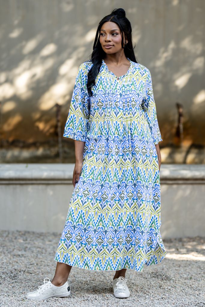 V-Neck Dress in Blue Ikat Print