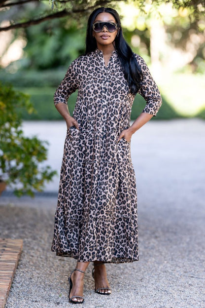 Mandarin Pocket Dress in Leopard print