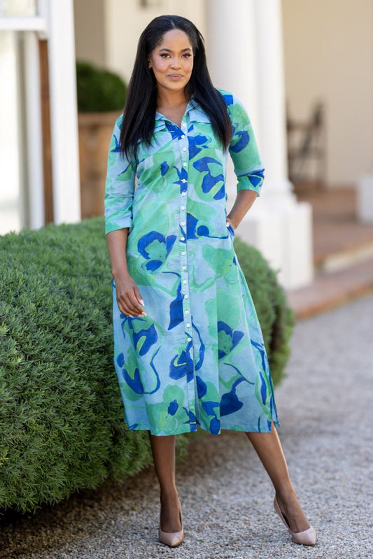 Collar Shirt Dress in Blue / Turquoise Print