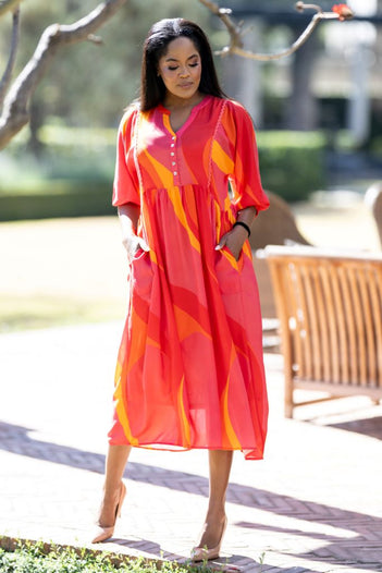 Mandarin Pocket Dress in Coral Pink Print