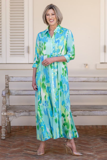 Collar Pocket Dress in Turquoise / Green Print