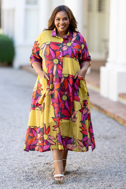 Collar Pocket Dress in Mustard / Pink Bold Print