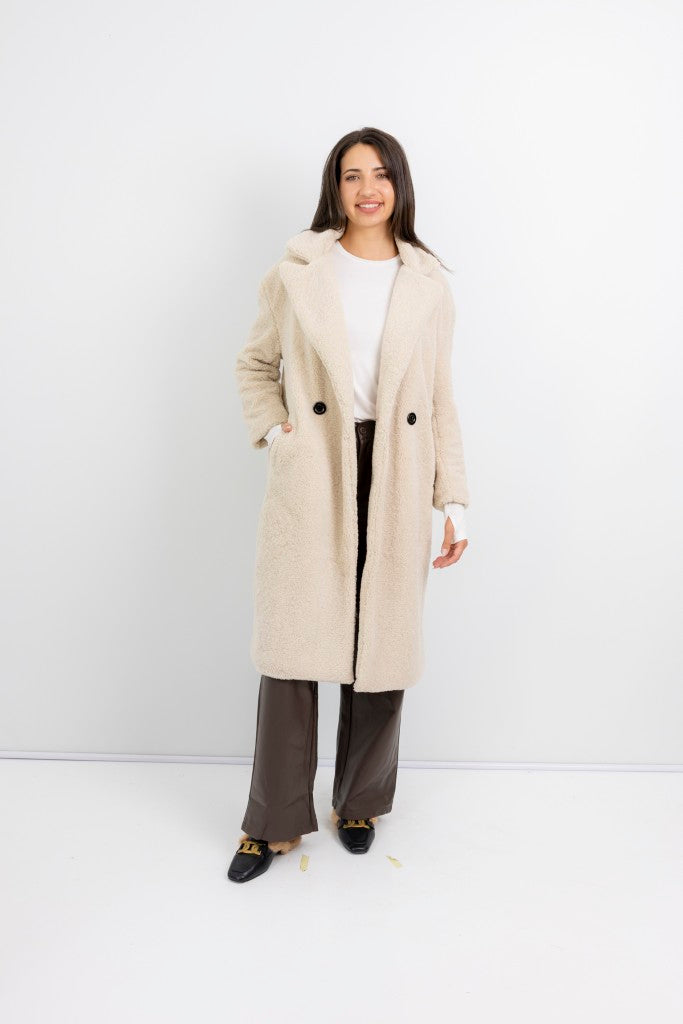 Nouvelle Teddy Fur Lined Coat in Cream