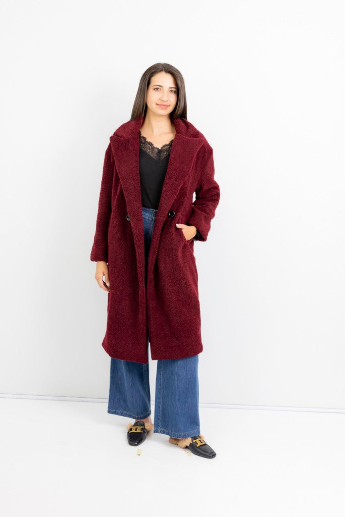 Nouvelle Teddy Fur Lined Coat in Bordeaux
