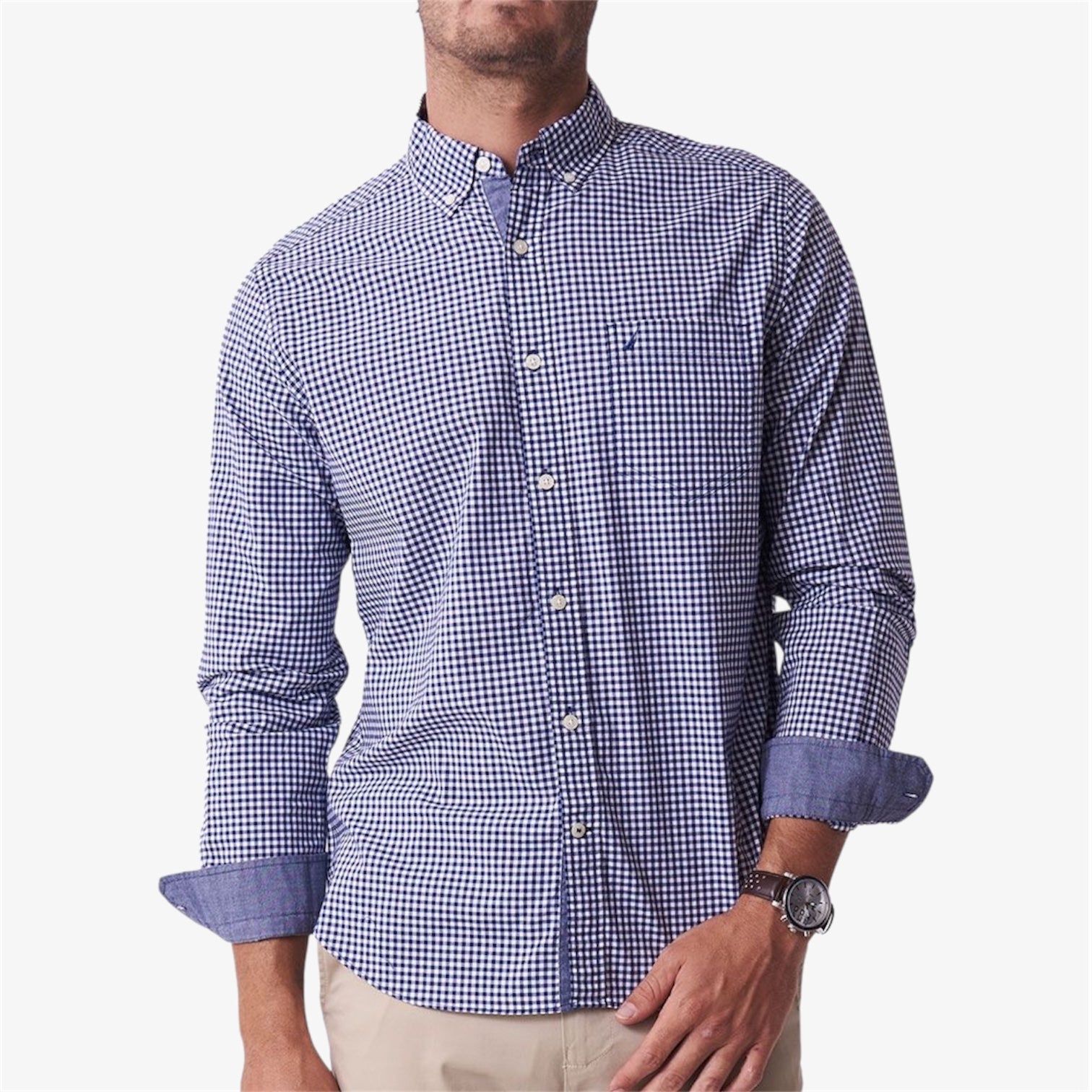 LS Classic Woven Gingham Shirt in Navy