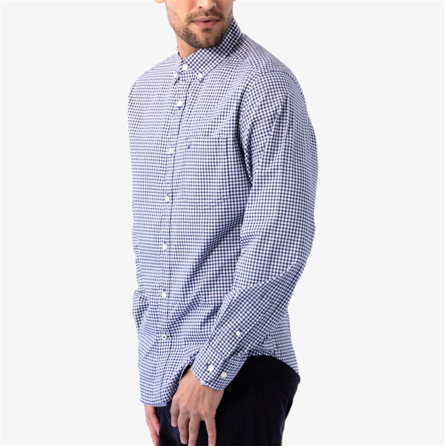 LS Classic Woven Gingham Shirt in Navy