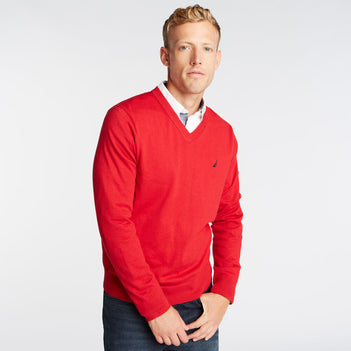 man wearing red v-neck nautica lightweight sweater.