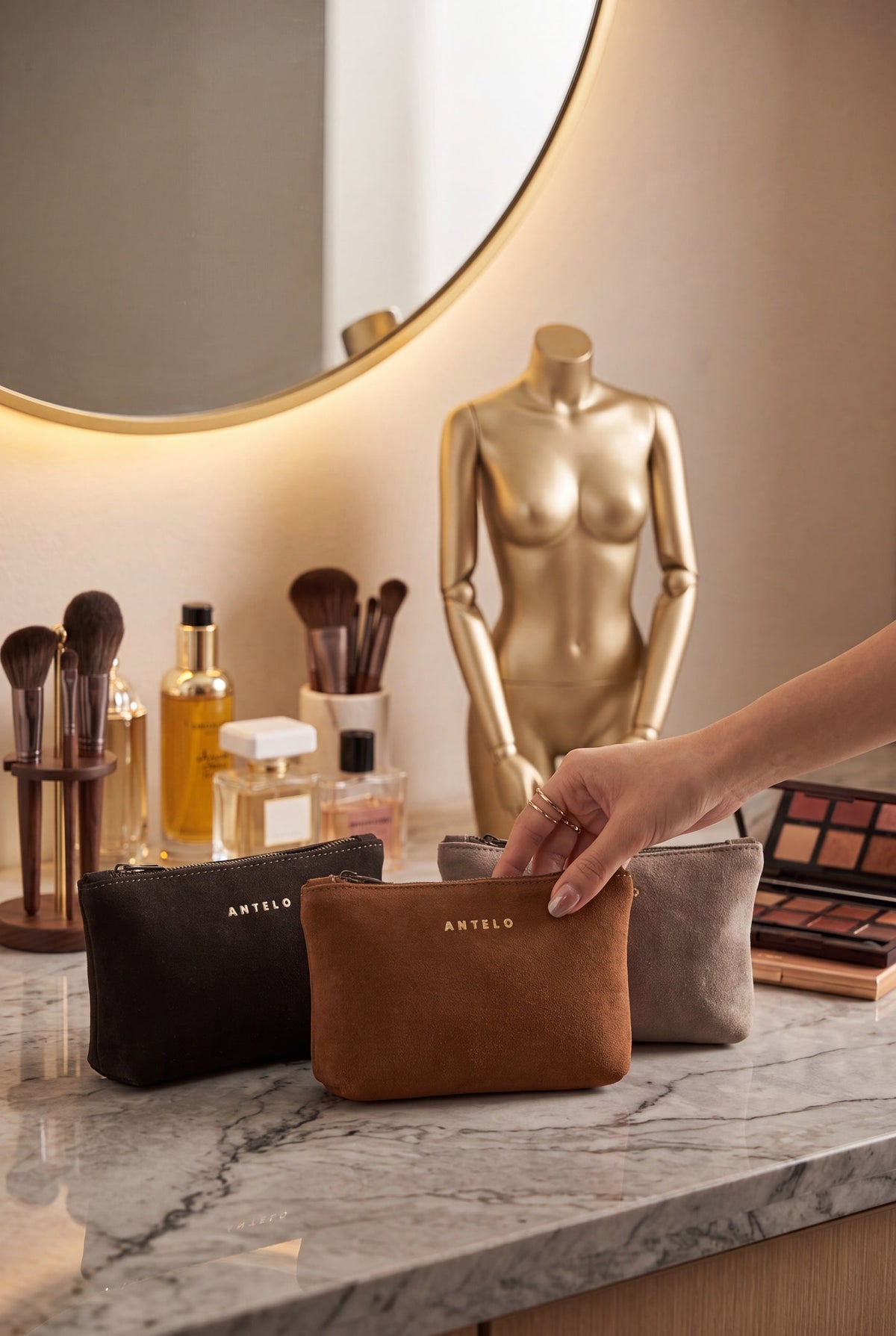 Norris Leather Zip Pouch in Cognac Suede & Cider Tan