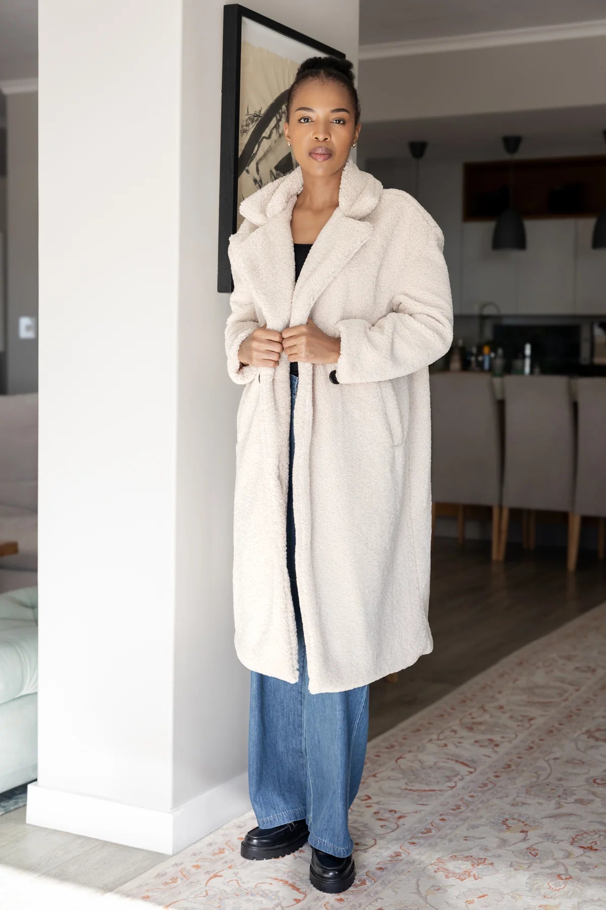 Nouvelle Teddy Fur Lined Coat in Cream