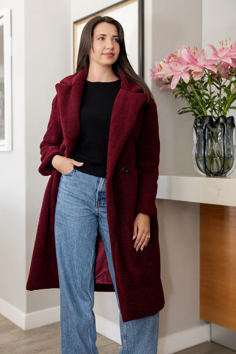 Nouvelle Teddy Fur Lined Coat in Bordeaux