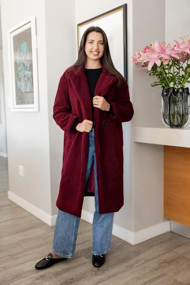 Nouvelle Teddy Fur Lined Coat in Bordeaux