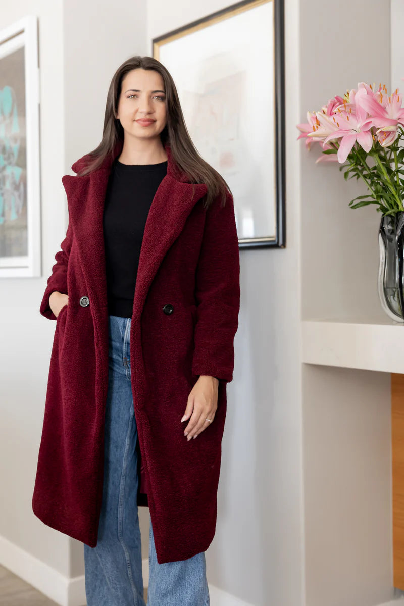 Nouvelle Teddy Fur Lined Coat in Bordeaux