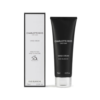 Black hand cream tube and packaging with 'Charlotte Rhys' branding on a white background