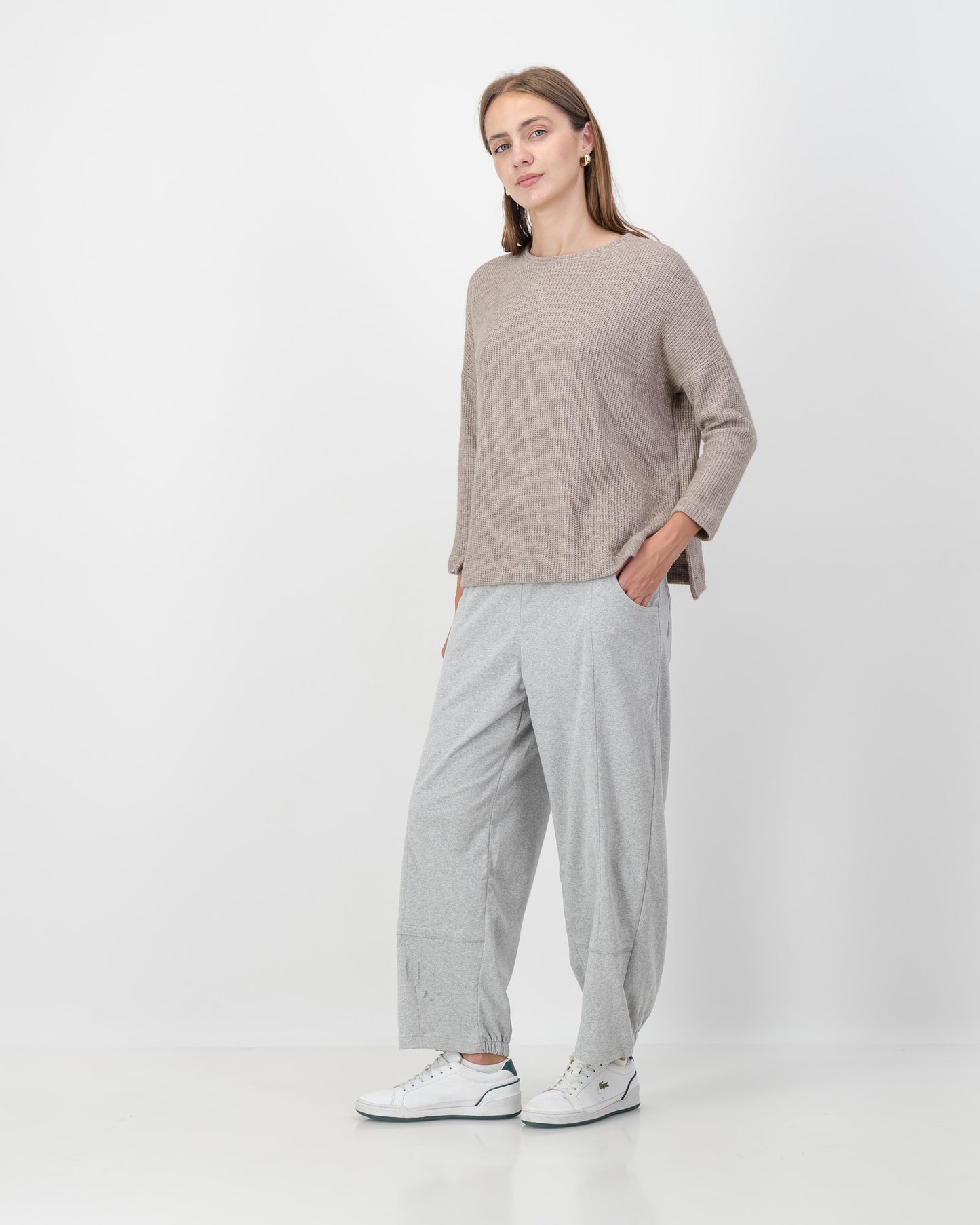 Side Slit Waffle Knit Top in Nude