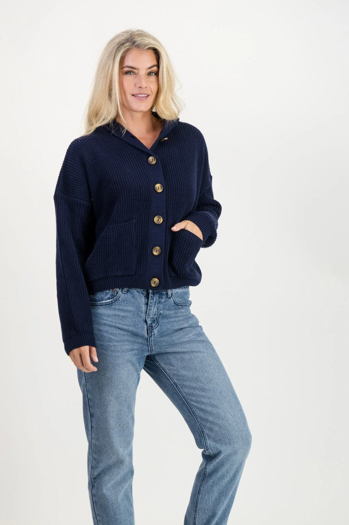 Rosemary Cotton Hooded Cardi in Midnight