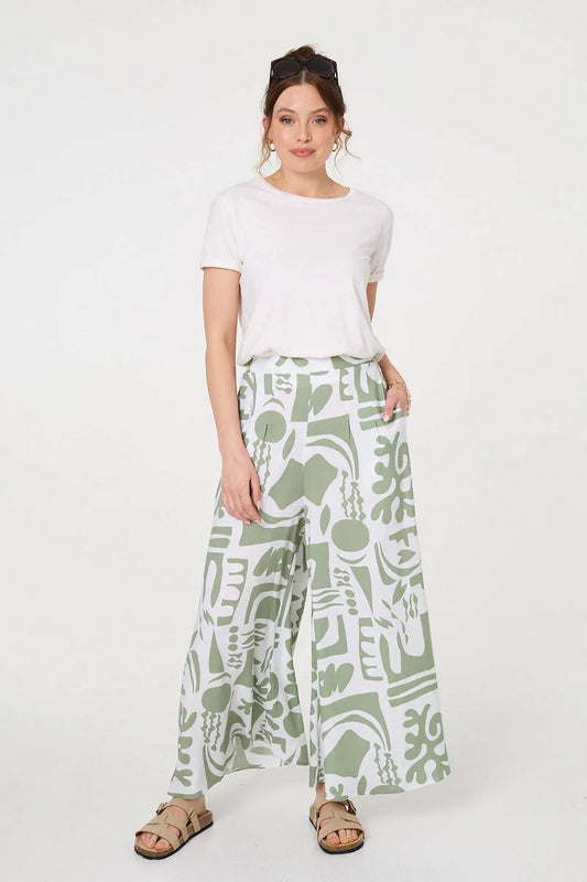 Abstract Wide Leg High Waist Trousers in Sage