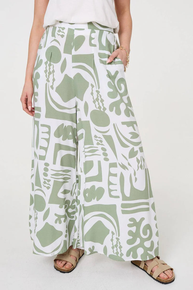 Abstract Wide Leg High Waist Trousers in Sage