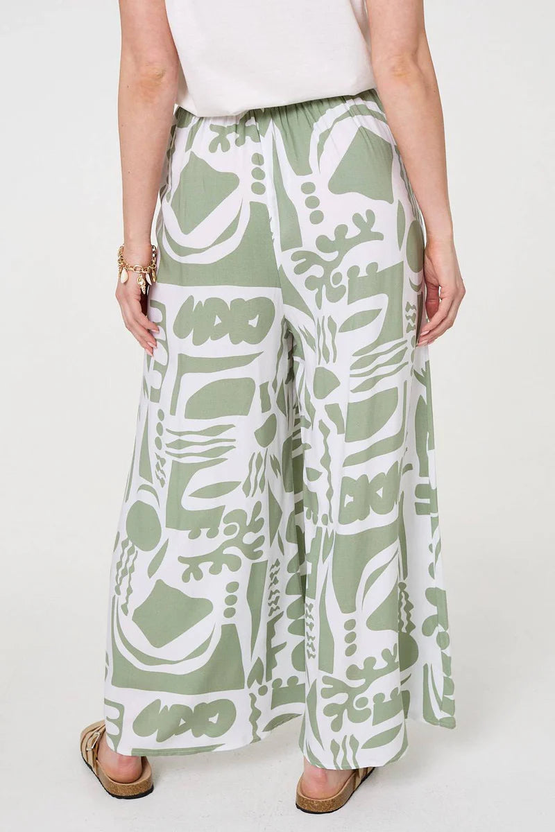 Abstract Wide Leg High Waist Trousers in Sage