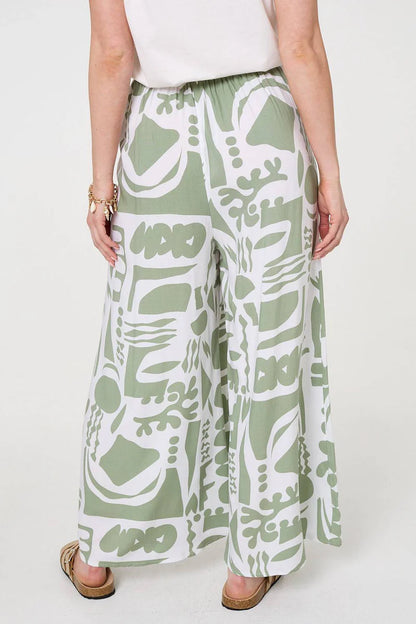 Abstract Wide Leg High Waist Trousers in Sage