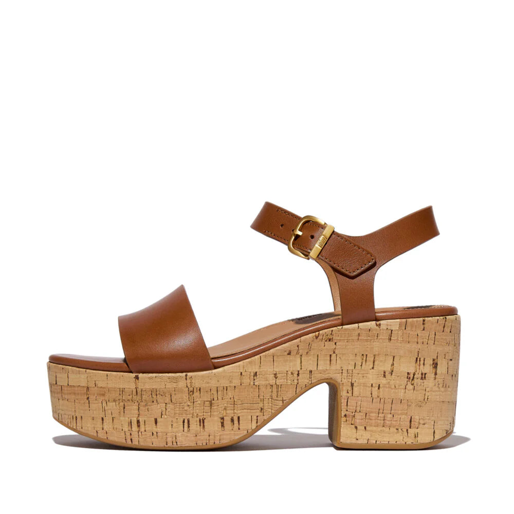 Leather/Cork Heeled Ankle-Strap Platform Sandals in Deep Tan
