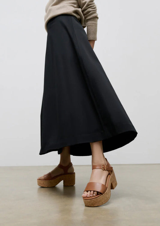 Leather/Cork Heeled Ankle-Strap Platform Sandals in Deep Tan