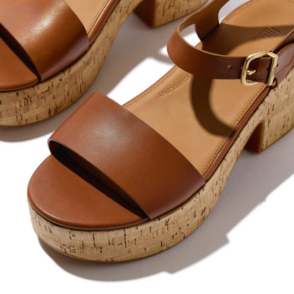 Leather/Cork Heeled Ankle-Strap Platform Sandals in Deep Tan