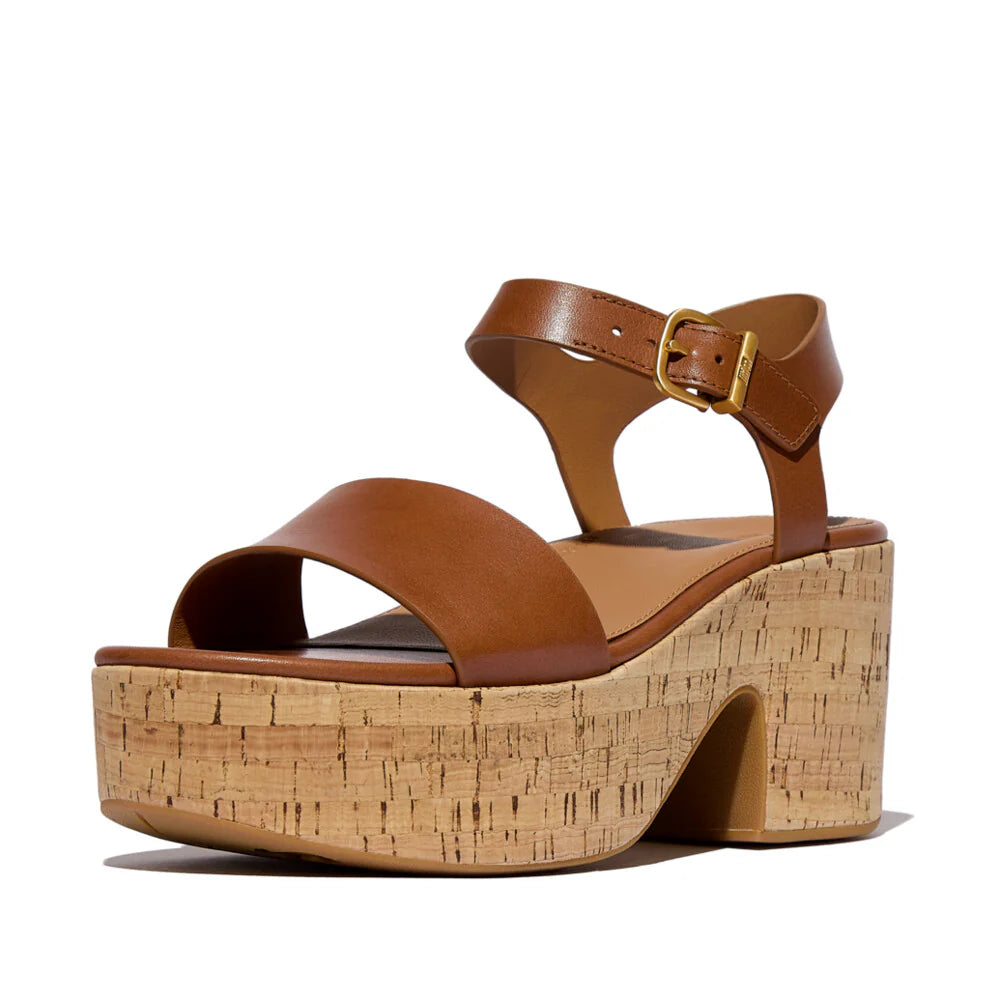 Leather/Cork Heeled Ankle-Strap Platform Sandals in Deep Tan