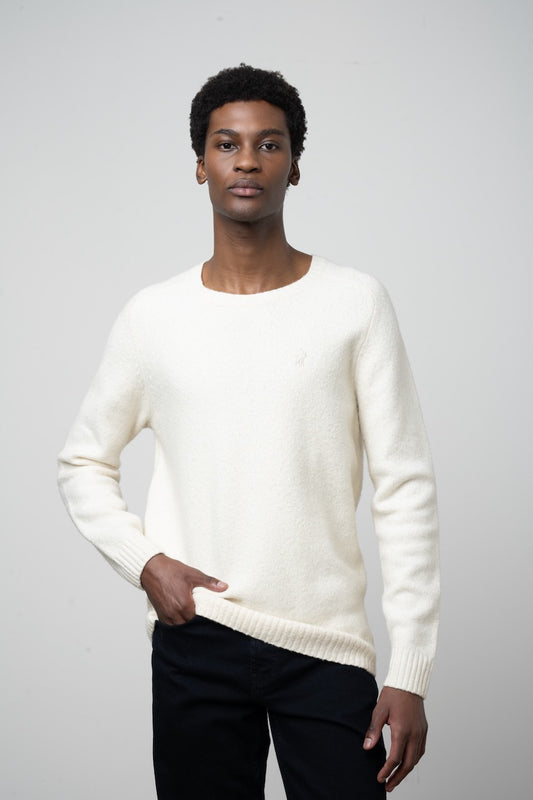 Boucle Cotton Crew Neck Sweater in Off White