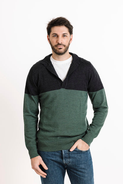 Merino Wool Open Collar Sweater in Forest/Charcoal