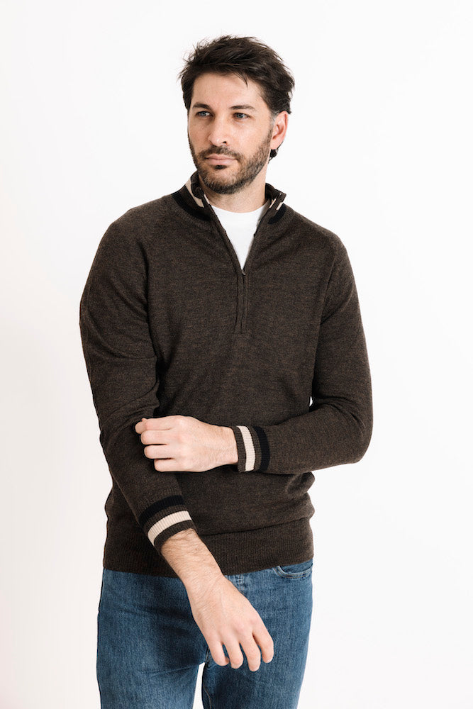 Merino Wool 1/4 Zip Sweater in Bark