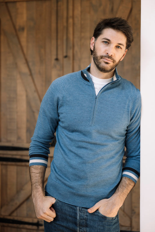 Merino Wool 1/4 Zip Sweater in Denim Blue