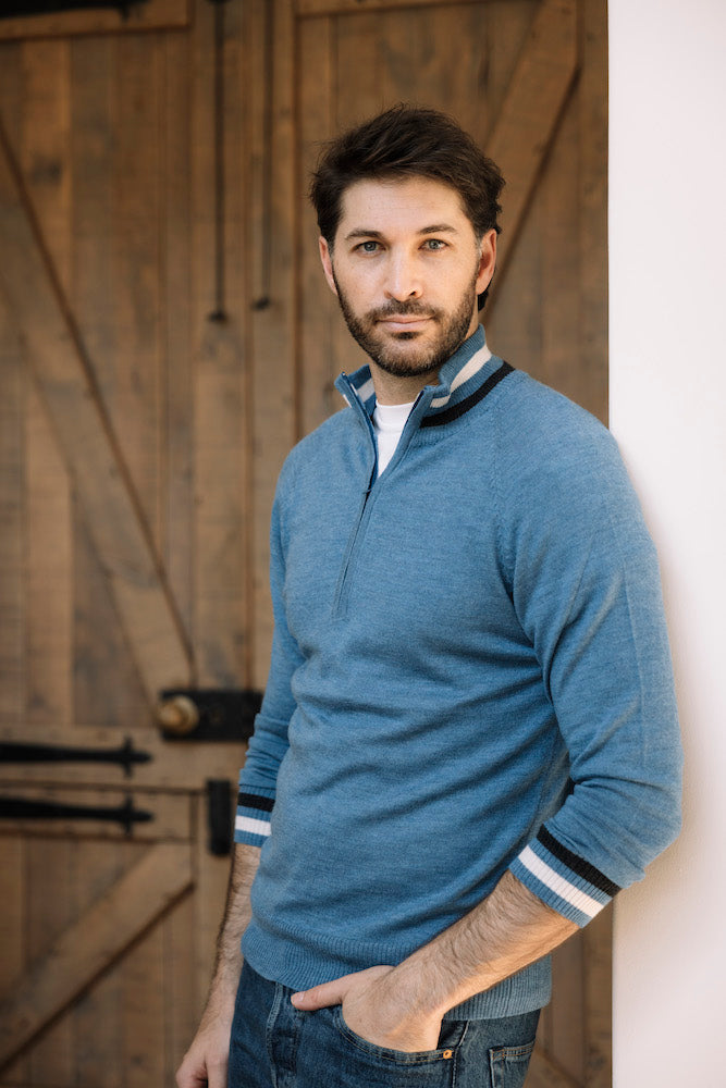 Merino Wool 1/4 Zip Sweater in Denim Blue