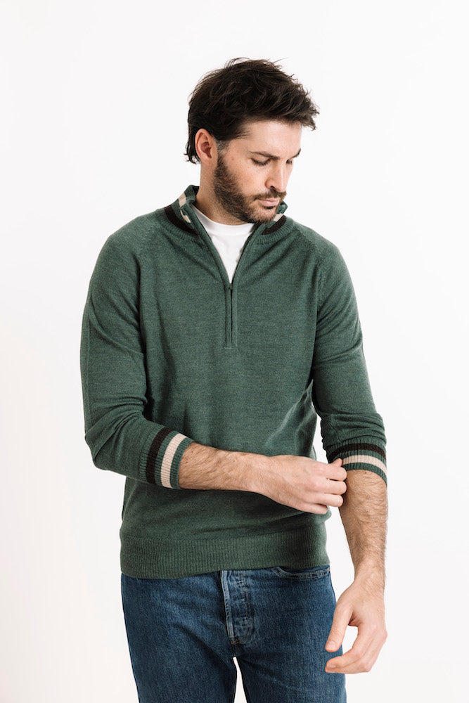 Merino Wool 1/4 Zip Sweater in Forest Green