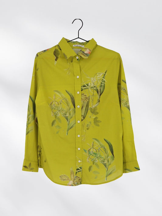 Botanical Lily Printed Cotton Shirt in Chartreuse