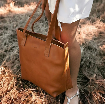 Emmy Cider Tan Unlined Leather Tote with Zip
