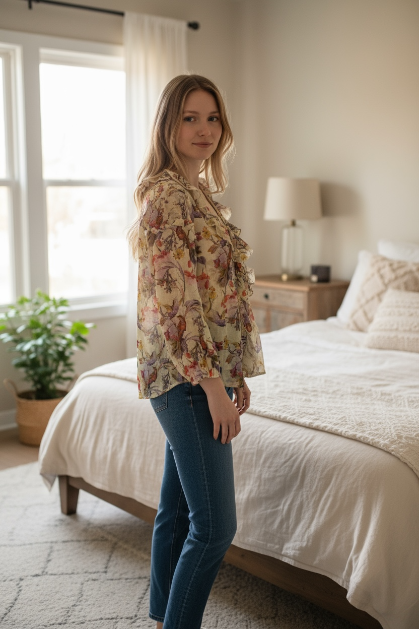 Bird Printed Frill Top in Cream