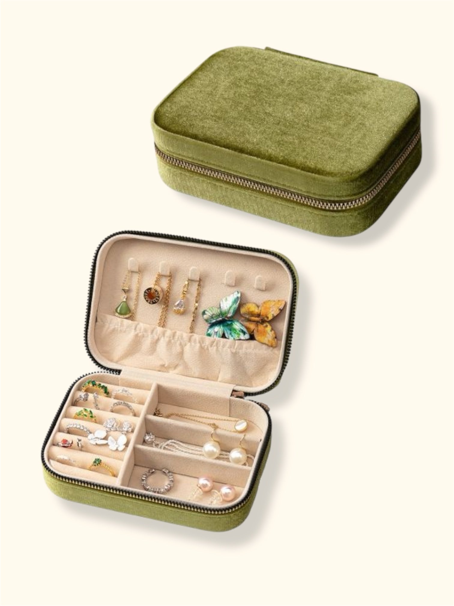 Medium Velvet Jewellery Travel Case in Olive Green