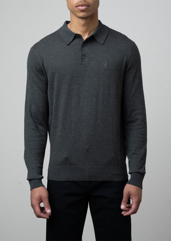 Cotton LS Knit Golfer in Charcoal Melange