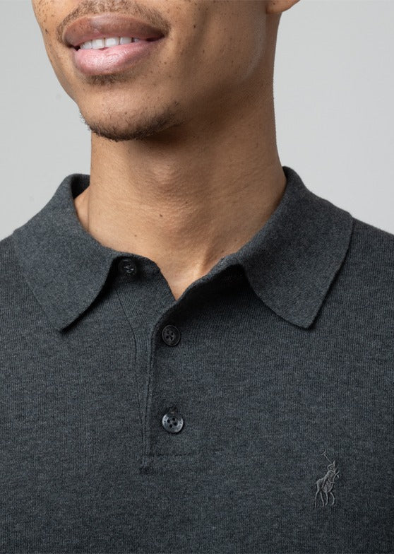 Cotton LS Knit Golfer in Charcoal Melange