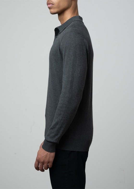 Cotton LS Knit Golfer in Charcoal Melange