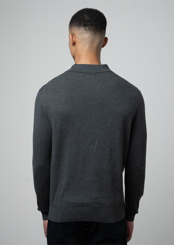 Cotton LS Knit Golfer in Charcoal Melange
