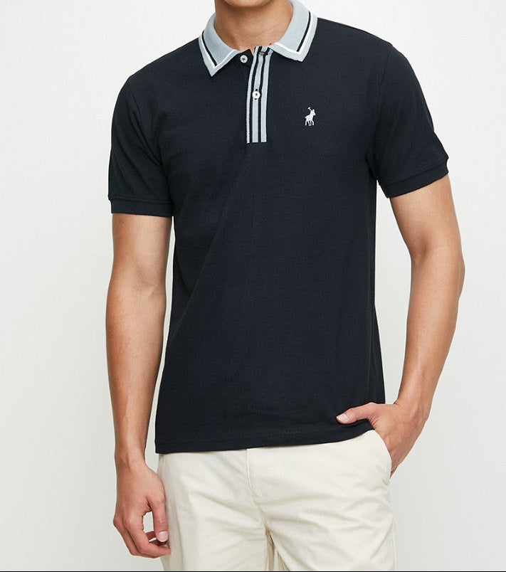 Plain Pique SS Contrast Placket Golfer in Navy