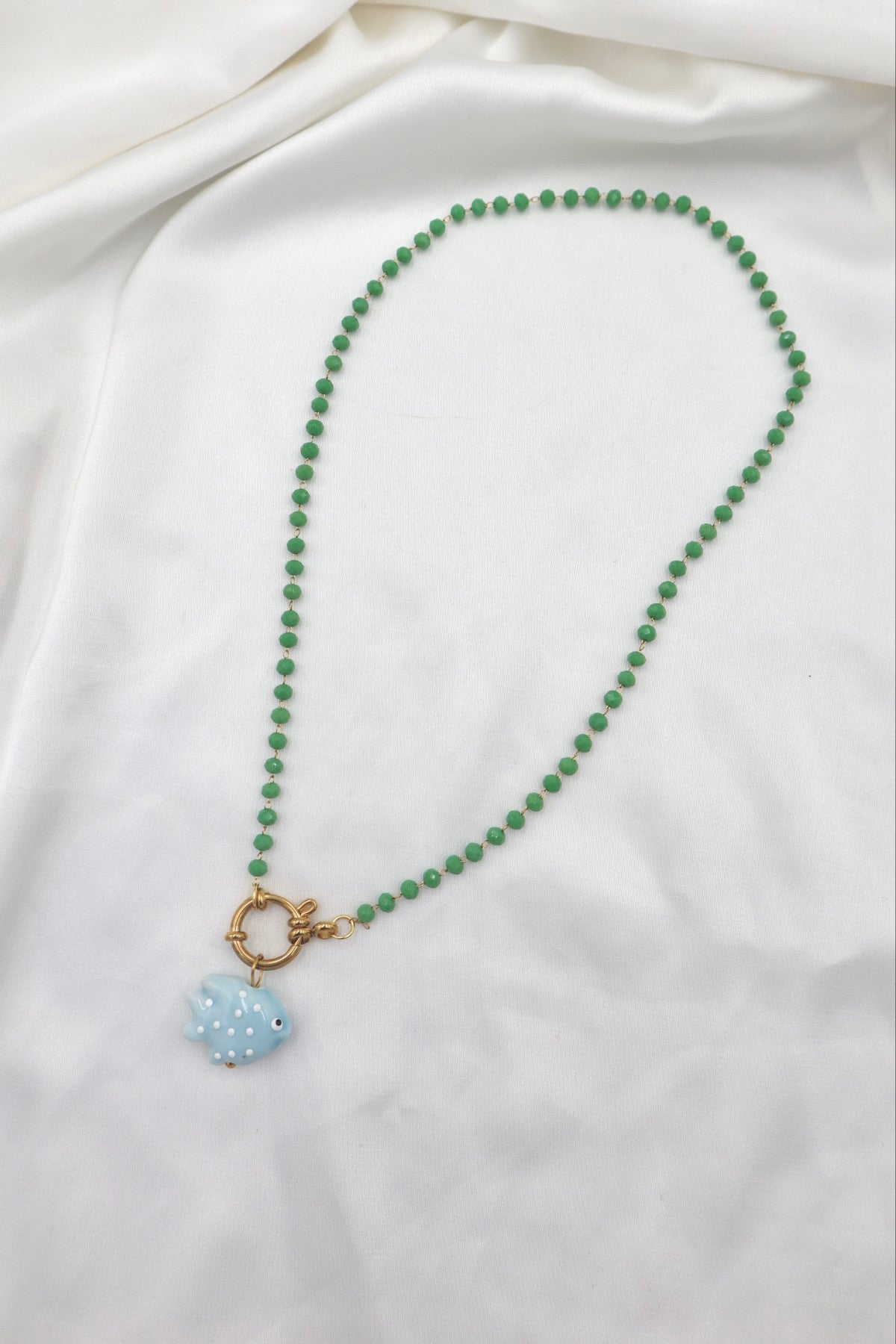 Porto Crystal Charm Necklace in Green / Fish