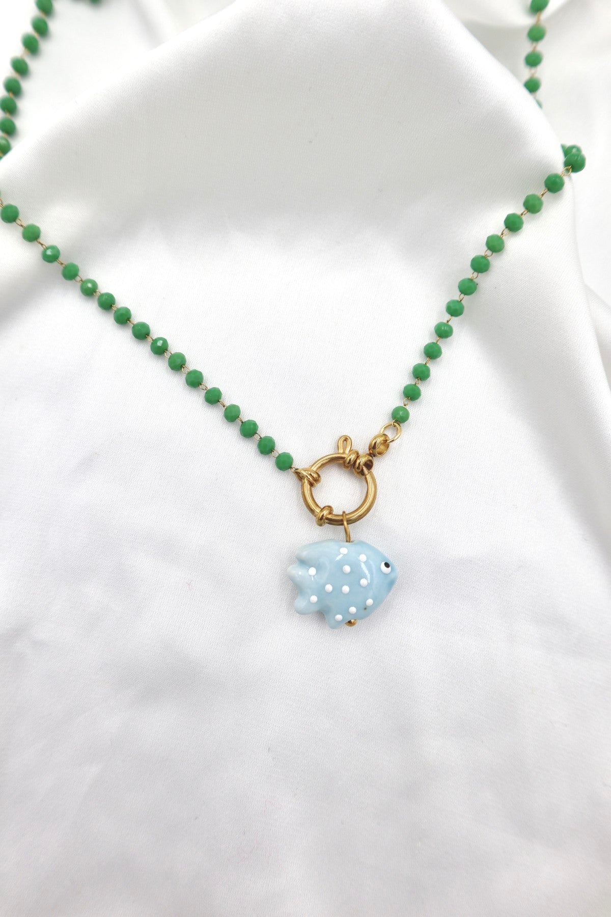 Porto Crystal Charm Necklace in Green / Fish
