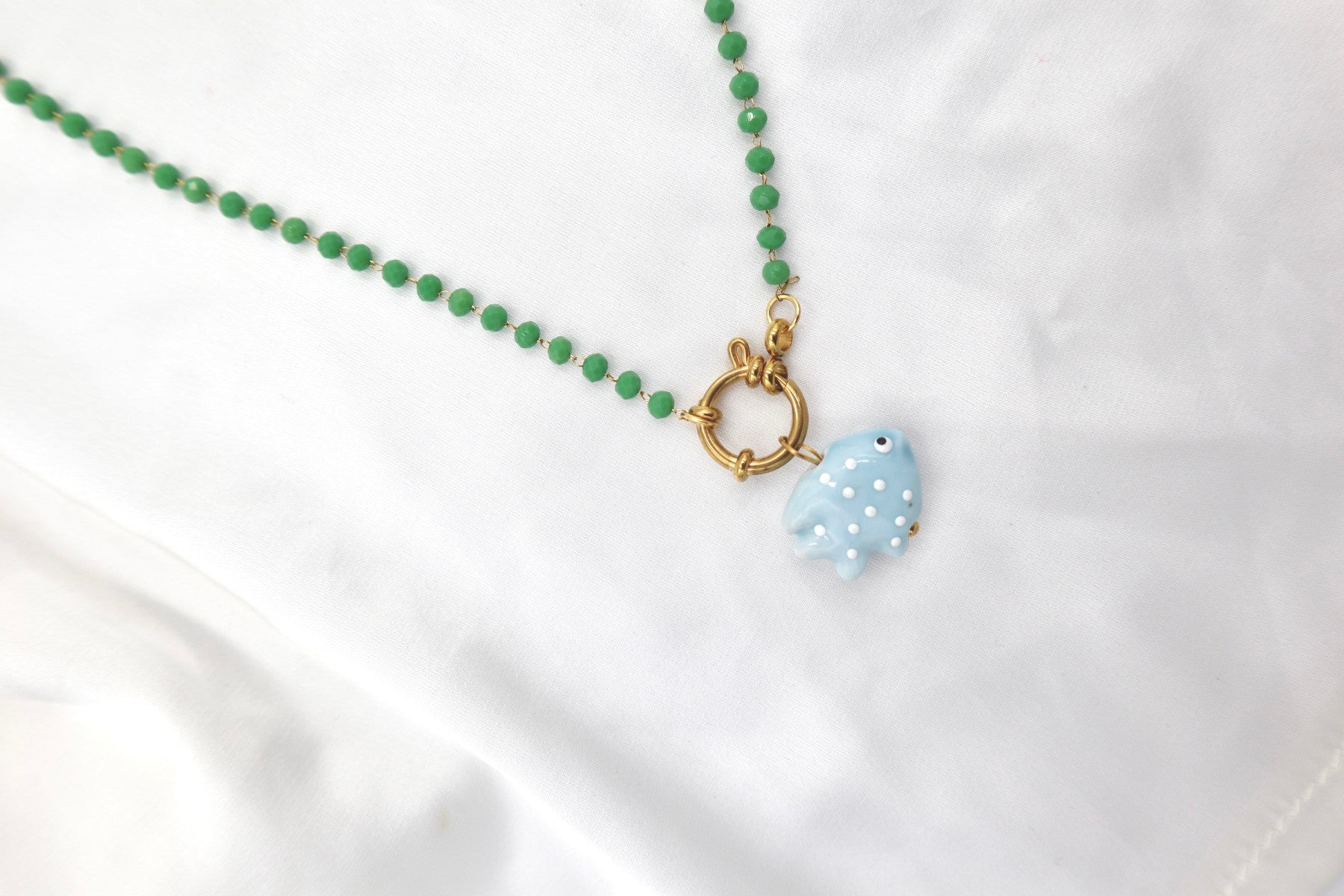 Porto Crystal Charm Necklace in Green / Fish