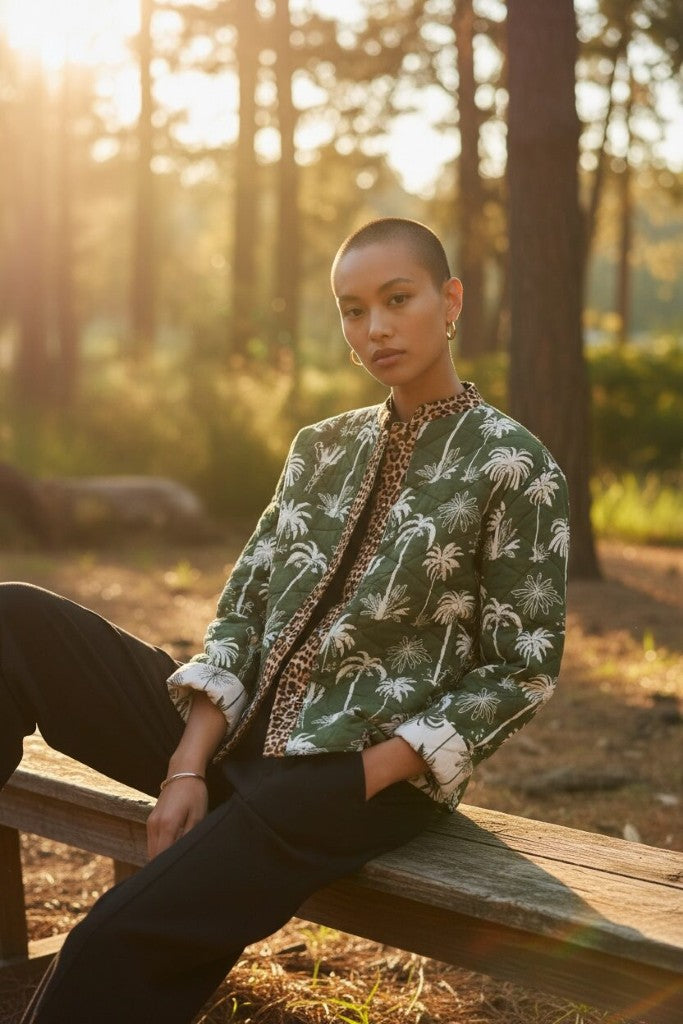 Bula Reversible Jacket in Khaki Palm / Leopard