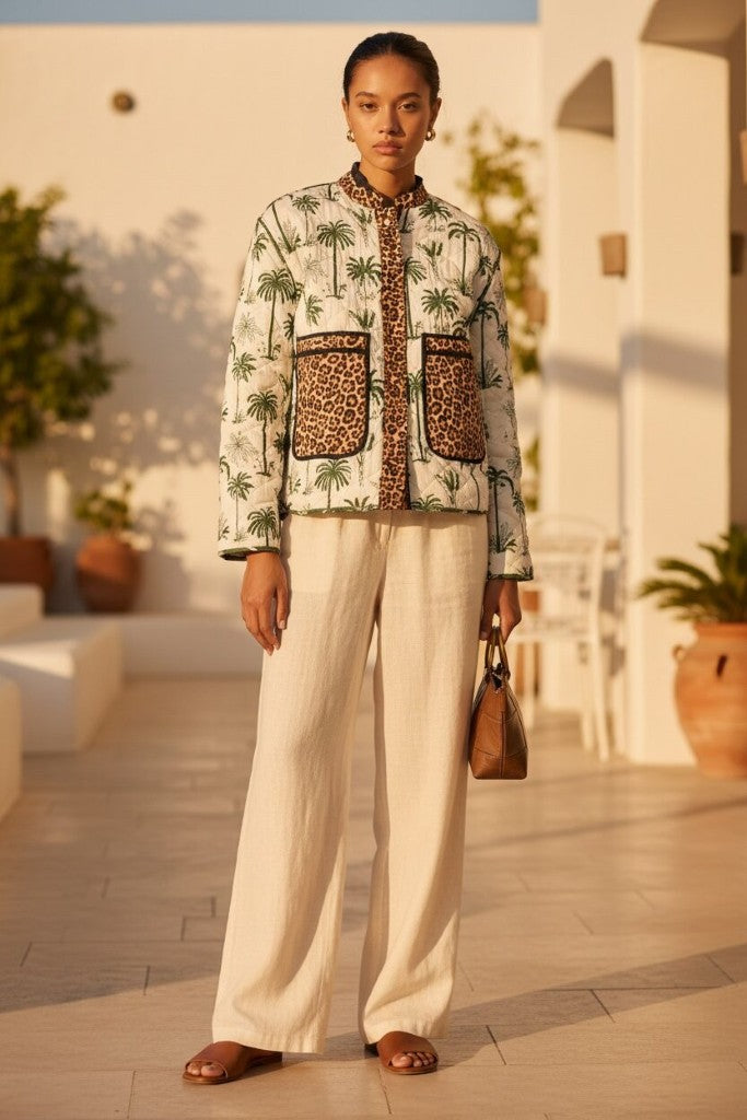 Bula Reversible Jacket in Khaki Palm / Leopard